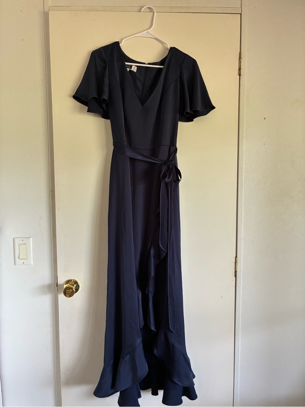 David's Bridal Navy High-Low Wrap Dress